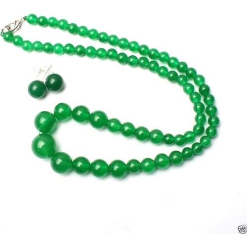Hot sale New 6-14mm Natural Green gem stone Round Beads Necklace Earrings Set AAA 925 Bridal wide watch wings