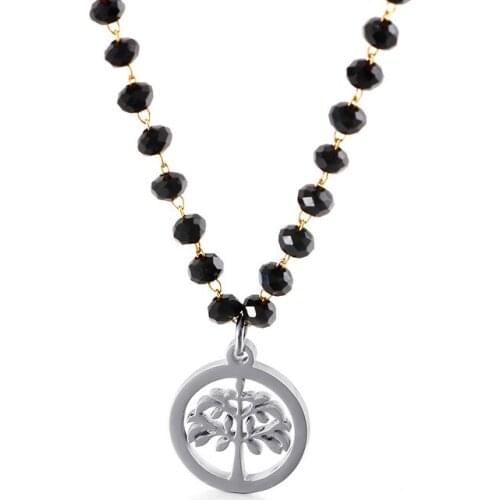 Fashion simple new black glass round bead tree of life titanium steel ladies necklace