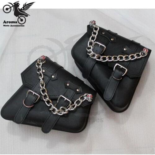 Top quality chain skull decal motorbike tail bag black leather motorcycle saddle bag for harley softail sportster moto saddlebag