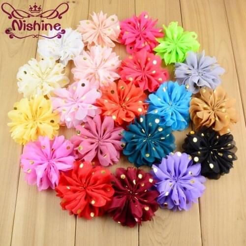 Nishine 30pcs/lot 3.2" Chiffon Dot Wave Flower Artificial Hair Flower For Kids Girl Headband Hair Clips Diy Hair Accessory