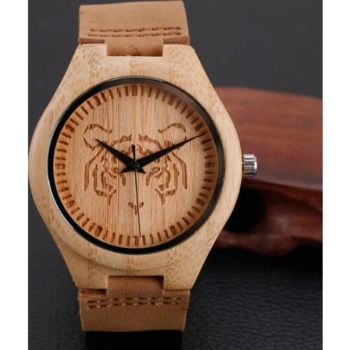 2020 New Arrival Tiger Pattern Design Natural Wooden Wrist Watches Handmade Mens Quartz Watch With Genuine Leather Band
