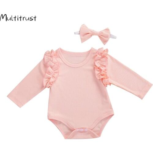 2020 Newborn Infant Baby Girl Boy Ribbed Bodysuit +Hedband Ruffle One-Pieces Solid Jumpsuit Long Sleeve Outfits Autumn Sunsuit
