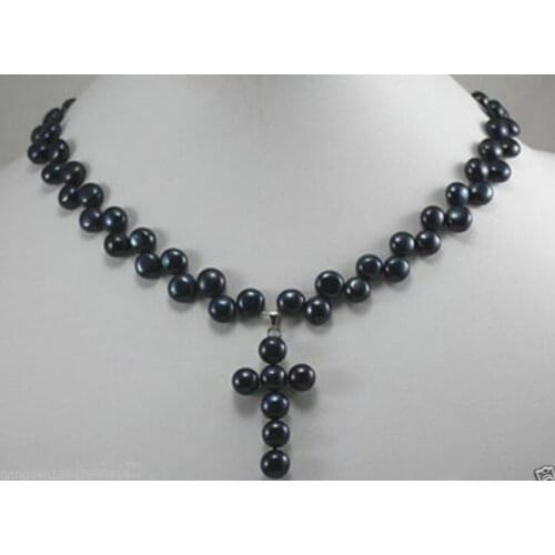 7-8MM black Cultured Pearl cross Pendants Necklace