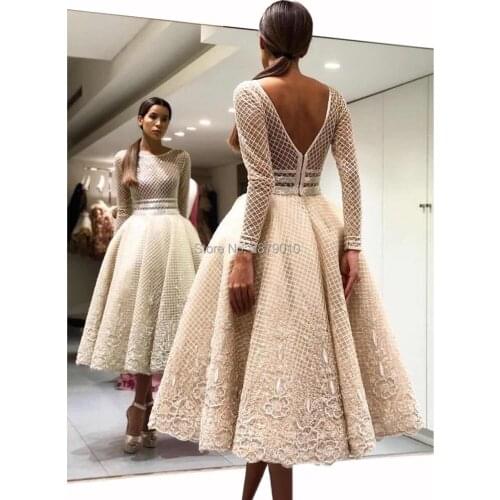 Backless Homecoming Dress A-Line Scoop Mid-Calf Full Sleeves Beaded Lace Cocktail Dress Коктейльный костюм Vestido de festa