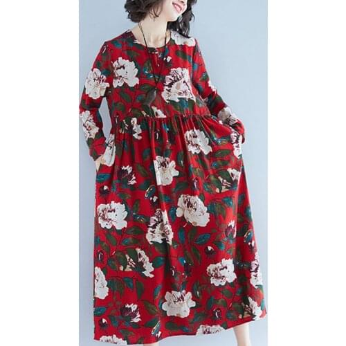 Female Autumn Long Dress 2019 Vintage Dresses Women Cotton Linen Dress Floral Leave Printed O-Neck Long Sleeve Ethnic Loose Robe