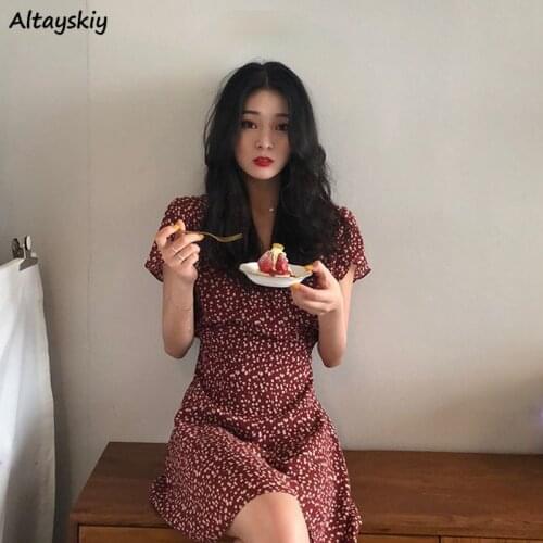 Dresses Women Chiffon Red Floral Trendy Vintage Sweet Abdomen Shirring Slim Lady V-neck Knee-length Elegant Flying Sleeve Summer