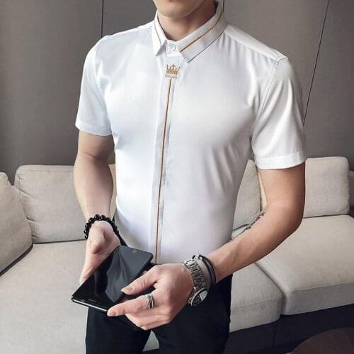 Fit Casual Slim Short Sleeve Shirt Streetwear Social Crown Embroidered Tuxedo Dress Shirt Tide S-6XL Summer Korean Mens Shirt