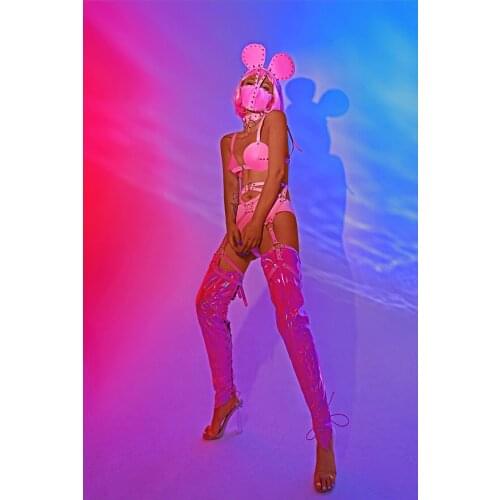 Sexy DJ Stage Costume Pink Bandage Bikini Nightclub Bar Rivet Headgear Leg Cover Set Singer Dancer Team Performance Outfit