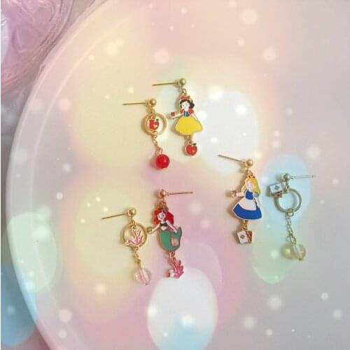 Asymmetric Japanese Style Snow White Mermaid Princess Earrings Ears Clip Cute Cartoon fairy tale Earrings For Women Girls