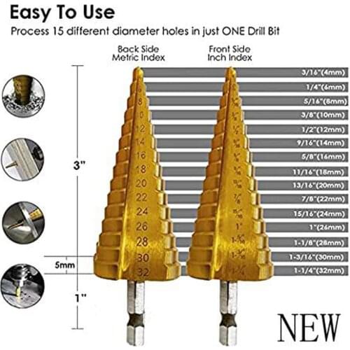 HSS Titanium Coated Spiral Grooved Step Drill 4-12mm/4-20mm/4-32mm Drill Bits Used for Drilling Plate Aluminum Metal Wood Hole