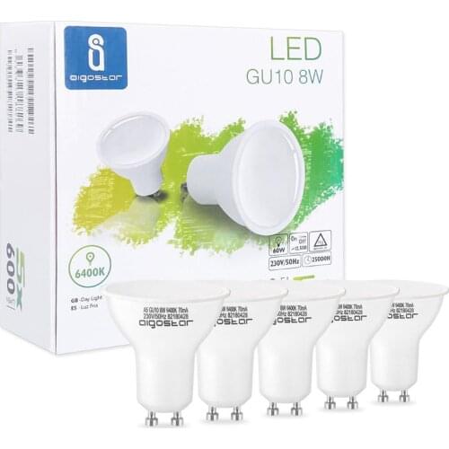Aigostar - LED Bulb 8W GU10，6400K， 600lumen， 8W equivalent to 60watt，CRI≥80Ra， 120-160 degree beam angle， 5 pcs/color box