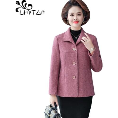 UHYTGF Middle-Aged Womens Autumn Winter Woolen Jacket Single Breasted Casual Female Short Tops Outerwear 5XL Plus Size Coat 1207