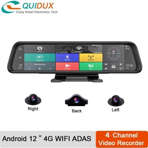 4GB+32GB Andorid 8.1 Center Console 12inch Car Dvr Camera 4 Channel 360° Panoramic View Rearview Mirror GPS 4G Wifi ADAS Dashcam
