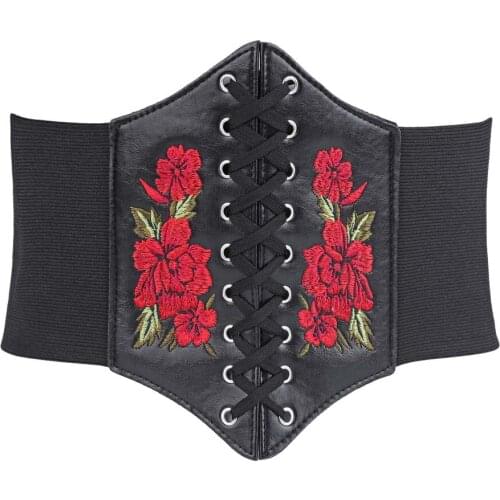 Vintage belts ladies floral embroidery bustier top for woman lace up front black wide stretch elastic belts vb0009