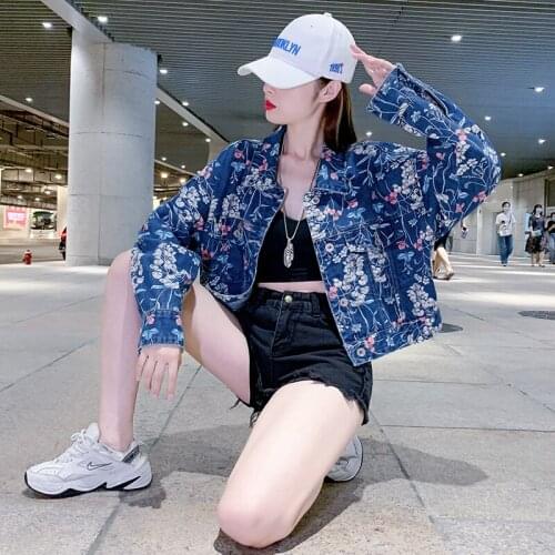 2021 New Ladies Denim Jacket Personality Printing Trend Short Jacket Printed Jeans Coat Bomber Streetwear Denim Jacket