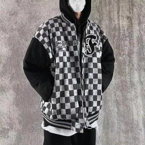 Women Plaid Baseball Uniform Letter Embroidery Stand Collar Splice Jackets Student Streetwear Hip Hop Unisex Baseball Jacket