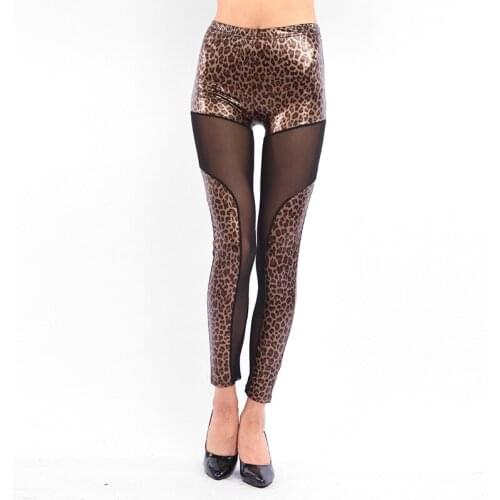 Lady gothic leopard imitation leather pants women party club punk rock disco pant fashion fitness mesh jumpsuit bottoms