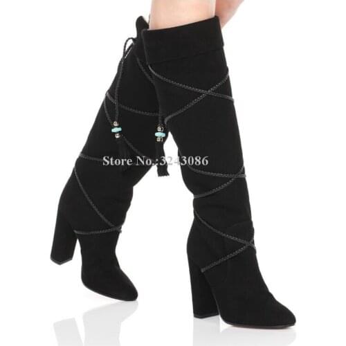 Newest Cross Ropes Tassels Knee High Boots Woman Fashion Designer Chunky Heel Fringe Long Boots Brown Black Large Size Shoes