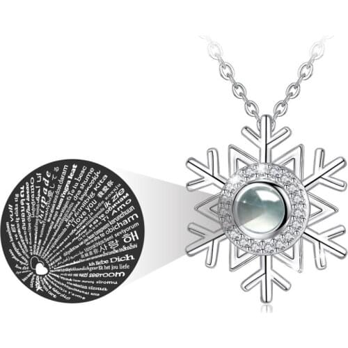 EUDORA 925 Sterling Silver Romantic Love Memory Snow Flower Necklace 100 Languages I Love You Projection Pendant Women Jewelry