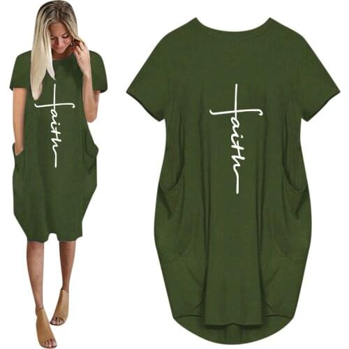 New Arrival Faith Letters Print Dresses For Women Pocket O-neck Short Sleeve Green Dress 2021 Female Plus Size Cute Summer Dress