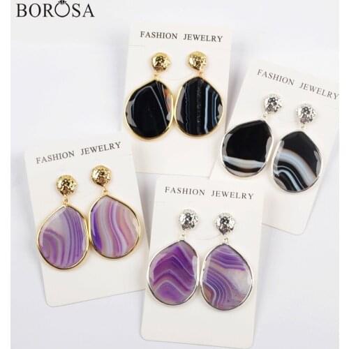 BOROSA 5Pairs Gold/Silver Plated Bezel Natural Onyx Agates Dangle Earring Black Purple Agates Earrings Women Jewelry WX1177