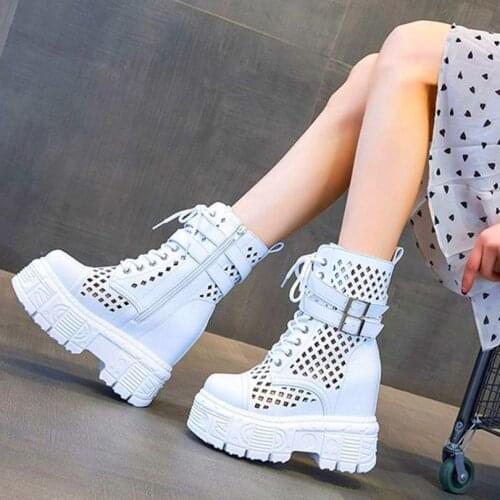 Military Creeper Shoe Womens Summer Genuine Leather Ankle Boots Platform Wedge High Heels Sandals 34 35 36 37 38 39
