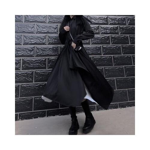 Dark Autumn style new tie with irregular shirt skirt loose long style hepburn wind dress
