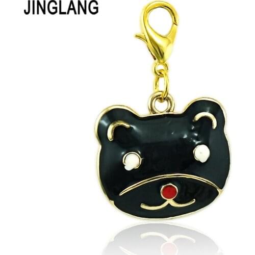 JINGLANG 12 pieces/Lot Gold Color Lobster Clasp Charms Dangle Black Enamel Cat Head DIY Charms For Jewelry Making Accessories