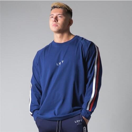 JP&UK Side Striped Long Sleeve Cotton T-shirt Men Gym Fitness Bodybuilding Workout t shirt Male Tee Tops Sport M-3XL