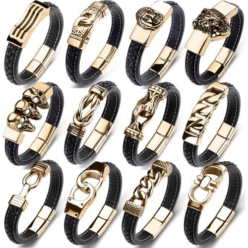 Men Black Leather Bracelets Punk Charm Collocation Trendy Gold Cuff Bangles for Women 14 Styles Optional Jewelry