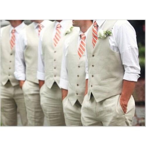 Latest Coat Pant Designs Grey Linen Beach Groomsman Suits Men Wedding Suits Slim Fit 2 Piece Tuxedo Custom Masculino Vest+Pant