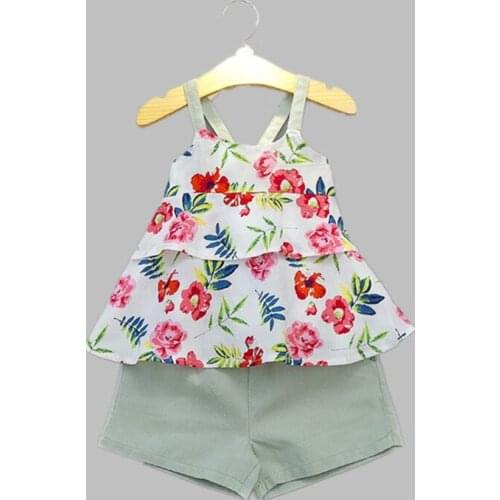 2019 children Girls new summer fashion sleeveless print floral cotton top + Green shorts clothing set 2-7 years