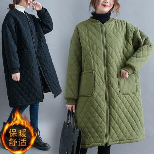 2021 New Autumn Winter Coat Womens Parka Thick Warm Overcoat Female Thin Cotton Jacket Pocket Zipper Plus Size Black Outerwear
