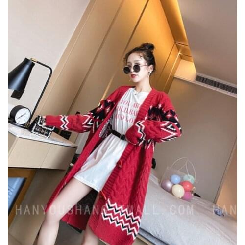 2020 Autumn And Winter New Diamond-Shaped Contrast Color Sweater Coat Womens Mid-Length lazy style twist knit cardigan women