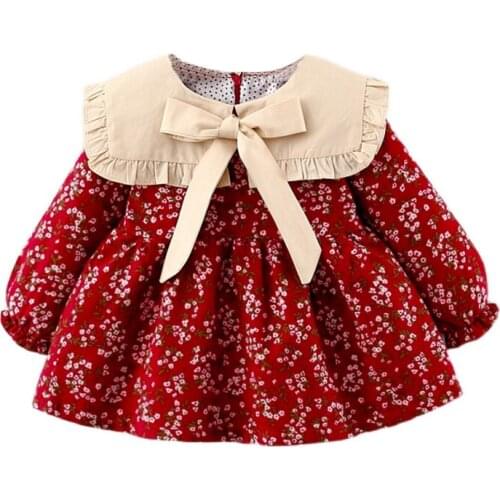 Autumn Winter Clothes Long Sleeve Dress Baby Girl Kid Floral Princess Red For Christmas New Year Birthday Party New Arrival