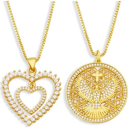 FLOLA Double Heart Necklace For Women Round Hollow Eagle Cross Pendant Necklace CZ Rhinestone Gold Plated Jewelry Gifts nkev49