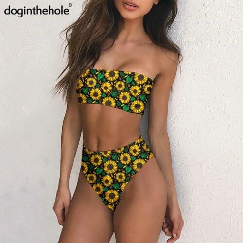 PhayonSeamless Sunflower Print Women Push Up Bandeau Bikini 2PCS Sexy Summer Beachwear Strapless Swimsuit Mujer Biquinis