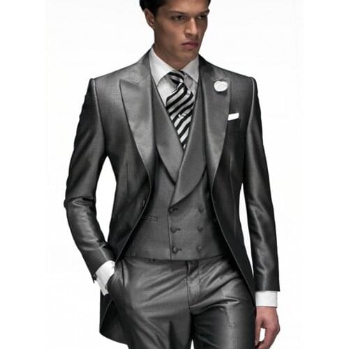 Top Pouplar Shiny Gray Peak Lapel Groom Tuxedos Mens Wedding Dress Prom Busienss Suits (Jacket+Pants+Vest) NO:062