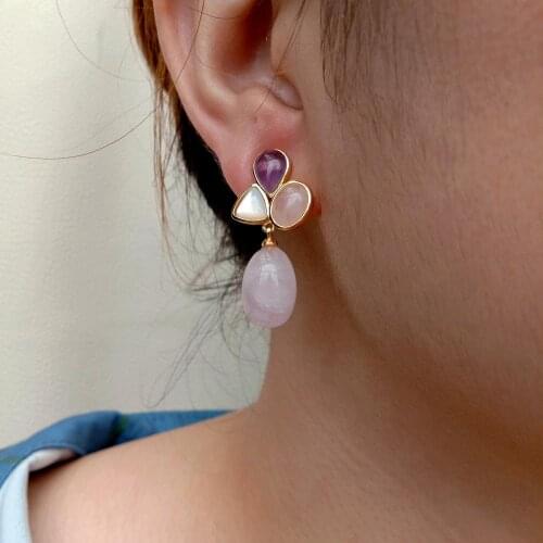 YYGEM Cute Style Earrings Natural Rose Quartz Egg Shape Amethyst Teardrop White Shell Dangle Stud Earrings