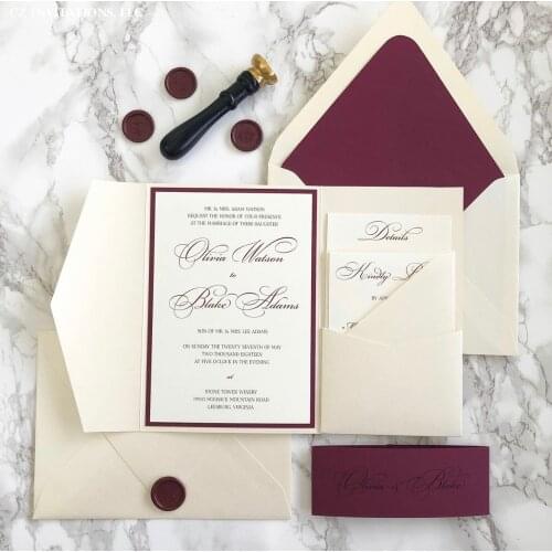 Customize Burgundy pearl pocket wedding invitation