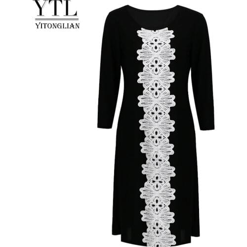 Yitonglian Womens Miidle Elegant Lace Crochet Wear To Work Party Dress Spring Plus Size Shift Knee Length Dress H423