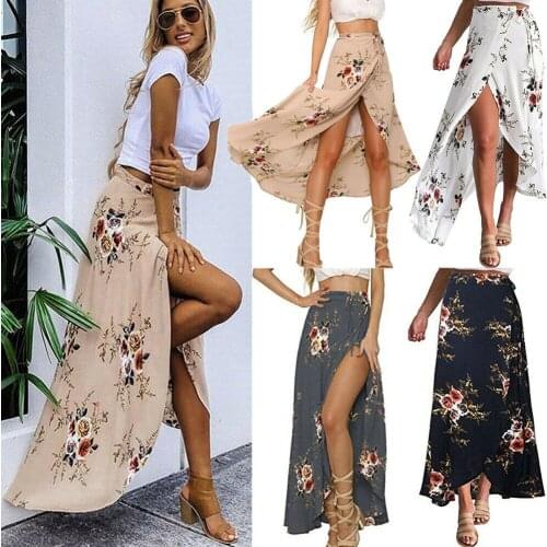 Women Summer Hight Waist High Split Printed Maxi Skirt Pleated Chiffon Long Casual Boho