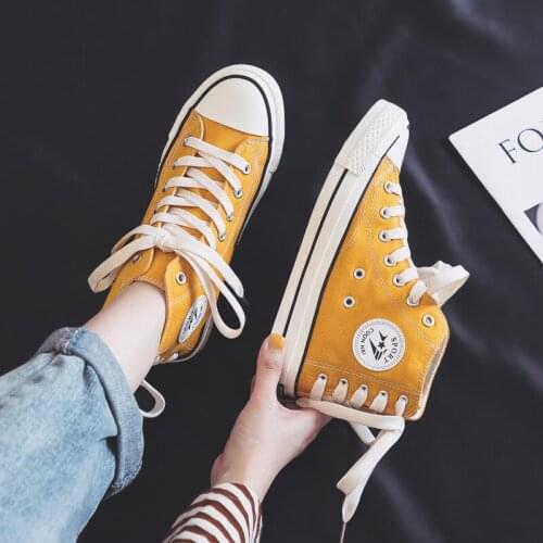 Women Yellow Shoes Back Lace Solid Color Sneakers Students Casual Shoes High Top 2021 Spring Summer New Good Quality Gumshoes