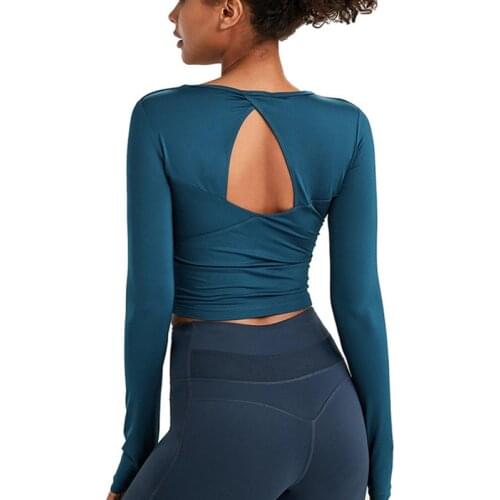 Spring Autumn New Cross V-Neck Women Tight Yoga Shirts Sexy Back Hollow Out Long Sleeve Workout Fitness Crop Top With Chest Pad