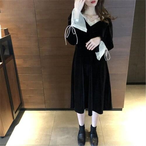 Spring Autumn Vintage Velvet Dress Women V-neck Slim Long Sleeve Temperament Female Vestidos Patchwork High Waist Femme Clothes
