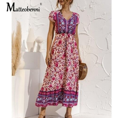 Womens Maxi Retro Dress Summer 2021 Short-Sleeve Button Lace-Up Positioning Flower Dress Womens Long Print Beach Dress Vestido