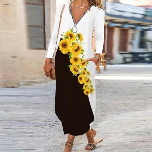 New Fashion Maxi Dresses for Women Sunflower Rose Flower Printed Dress Autumn Zippers Sexy V-Neck Dress Vestidos for Female