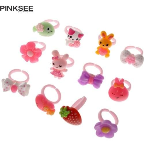 10pcs Environmental Cute Cartoon Rings Adjustable Girl Boy Kids Plastic Ring Multi Style Childrens Day Jewelry