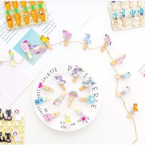 10Pcs Creative Kawaii Mini Spring Wooden Clips Unicorn Flamingo Colored Clips for Decorations Paper Photo Girl Office Stationery