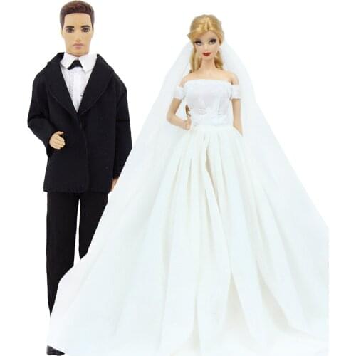 2 Set Outfits White Lace Wedding Dress + Men Suit Tuxedo Party Ball Gown Princess Accessories Clothes for Barbie Ken Doll Toy